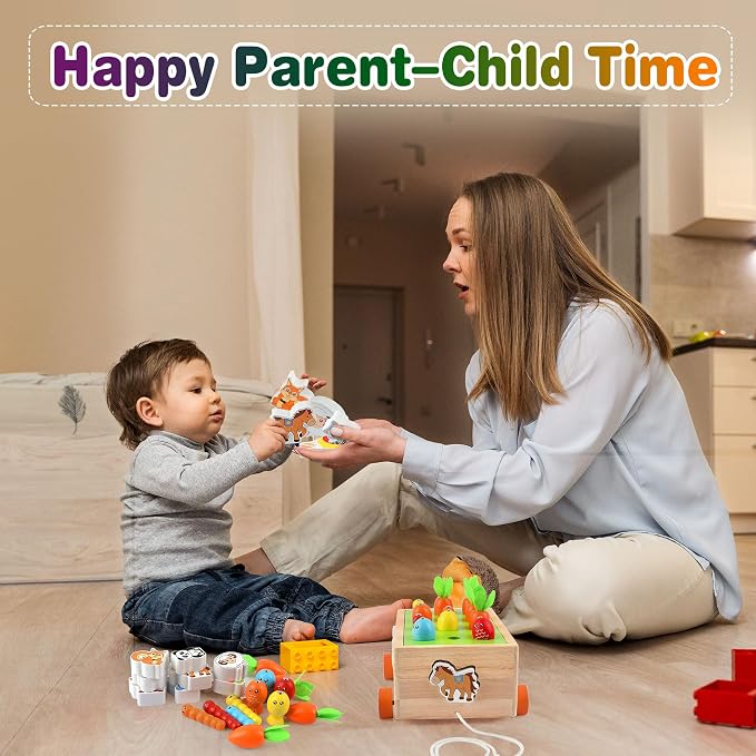 Montessori Wooden Pull Along Toy, Shape Sorting Educational Game for Toddlers 1-3 Years Old. Perfect First Birthday Gift for Baby Boys Girls, Preschool Learning Toy Develops Fine Motor Skills