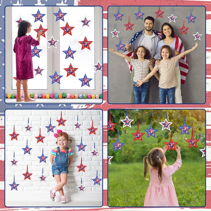 Qyeahkj 36 Set 4th of July Suncatchers Crafts for DIY Patriotic Star Window Tissue Paper Craft Kit Star Hanging Decor for Patriotic Home Activity Art Project Birthday Party Favor Gift