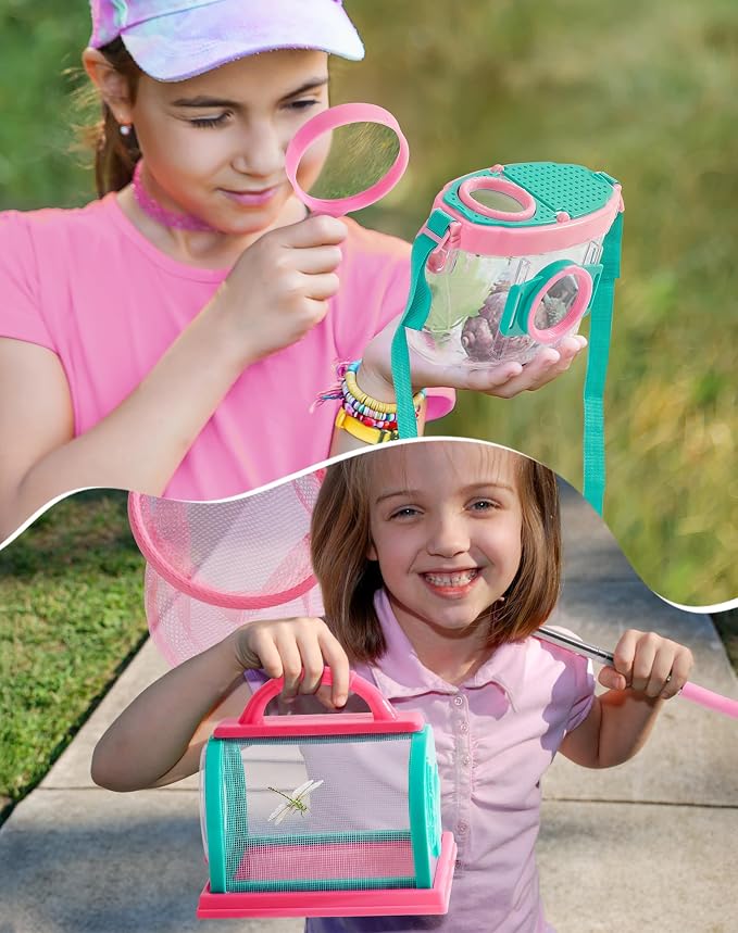 ROBUD Upgraded Bug Catcher for Kids, Bug Catching Kit with Bag Kit, Pink Outdoor Exploration Set for Camping, Montessroi Toy for Kids Coming Closer to Nature，WRP59
