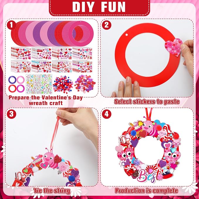 Hollowfly 48 Sets Valentine DIY Heart Wreath Craft Kits for Kids Activities | 8 Cute Valentine Heart Themed Designs, Good for Valentine Wall Decor, Kids Valentines Art Projects & Classroom Party Favors