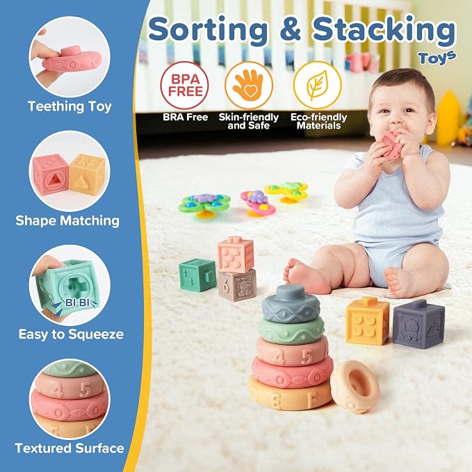 Somastung 7‑in‑1 Montessori Baby Toys for 6‑12 Months & 1+ Years, Infant Sensory Teething & Stacking Blocks | Wooden Shape Sorter, Xylophone Musical Toy, Birthday Gift for Toddlers 1‑3