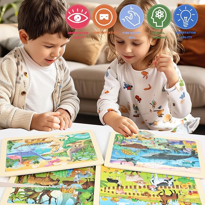 Wooden Puzzles for Kids Ages 4-6, 24 Piece Vehicle Car Construction Jigsaw Puzzles 4 Packs, Preschool Toddlers Learning Activity Puzzles Toys for Boys Girls 3 4 5 6 Years Old (Dinosaurs+Farm+Ocean)