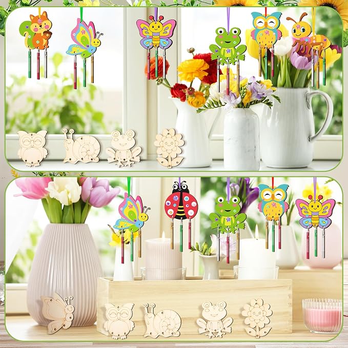 JellyArch 30 Pcs Wind Chime Craft Kit, DIY Wooden Insect with Paint | Paint Brushes Stickers, Kids Adults Summer Party, Ocean Beach Decor, Bulk Church Windows, Bee Ladybug Butterfly Designs