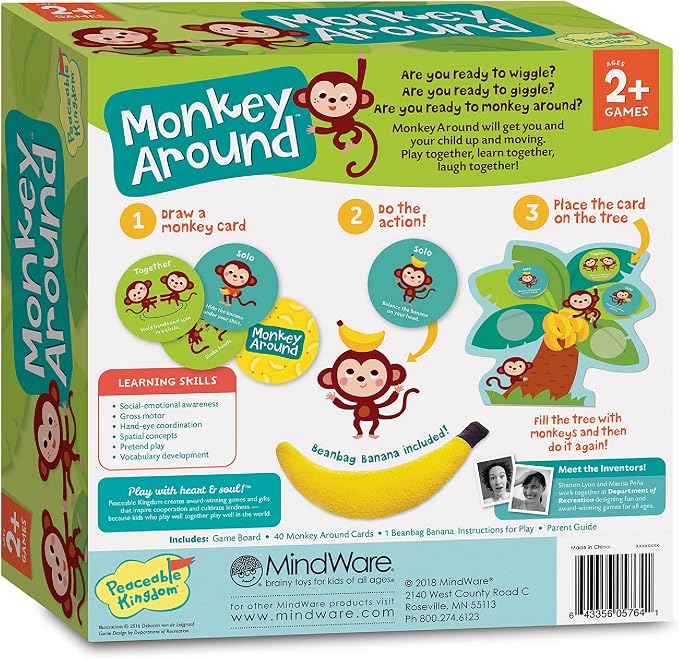 Peaceable Kingdom Monkey Around First Game for Toddlers Interactive play with Parent Ages 2+ | Active first game for toddlers—wiggle, hug and hop through 40 movement cards with a grown-up. Cooperative play, ages 2+