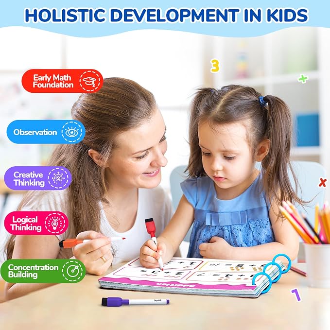 JoyCat Math Busy Book for Toddlers Reusable Preschool Workbook for Ages 3–8 | with 10 Dry-Erase Markers, Number Tracing & Counting Activity Book for Kids, Kindergarten Learning Activities, Travel-Ready