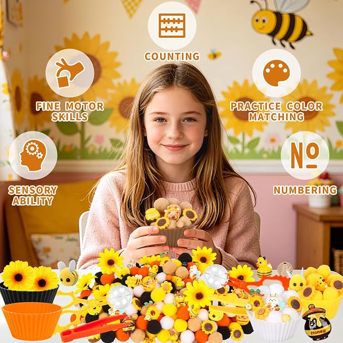 282PCS Bee Sensory Bin Filler Spring Summer Bee Fine Motor Sensory Bin Items Includes Pom Poms Sunflower Bee Honeycomb Resin for Counting Sorting Training