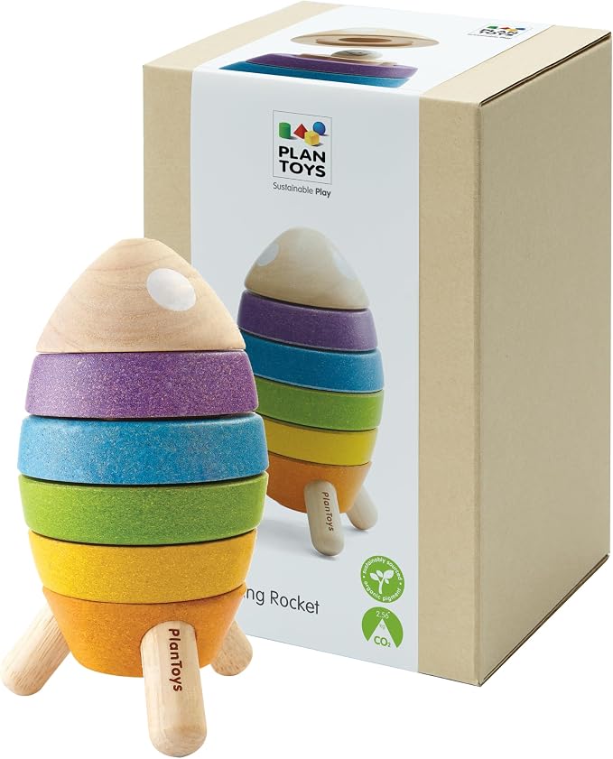 PlanToys® Wooden Stacking Rocket Toy for Toddlers, Montessori STEM Learning | wooden stacking rocket, montessori STEM learning, colorful rocket stacker, fine motor skill problem solving, preschool gift k