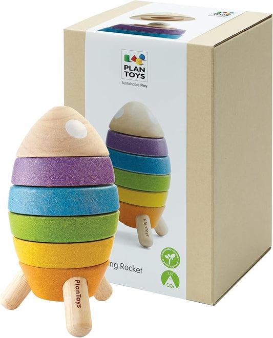 PlanToys® Wooden Stacking Rocket Toy for Toddlers, Montessori STEM Learning | wooden stacking rocket, montessori STEM learning, colorful rocket stacker, fine motor skill problem solving, preschool gift k