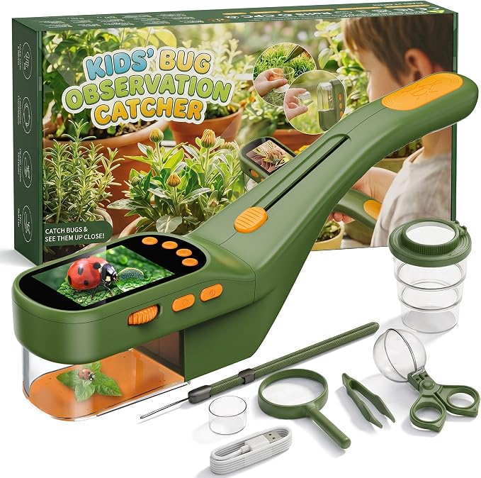 CIMELR Bug Catcher for Kids with 2.4" Screen, 500X Digital Microscope, 1080P Photo/Video, 1000mAh Battery, 8 LED, PC Real-Time Imaging, STEM Nature Toy & Gift for Boys Girls Ages 3-12