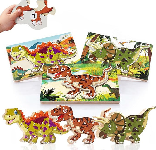 3 Pack 15.7"×8.9" Extra-Large Dinosaur Wooden Puzzle for Toddlers Age 3-5 | XL 3D Wooden Puzzle, Learn Numbers 1-20, Vivid UV Print, Non-Toxic Paint, CPC Certified, T-Rex Stegosaurus Triceratops