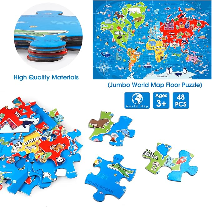 Jumbo Floor Puzzle for Kids,48-Piece World Map Jigsaw Puzzle Ages 3-8 | Discover 7 Continents,Oceans,Animals and Landmarks;Extra-thick Cardboard,35x24 in Completed,Preschool Gift for Boys and Girls
