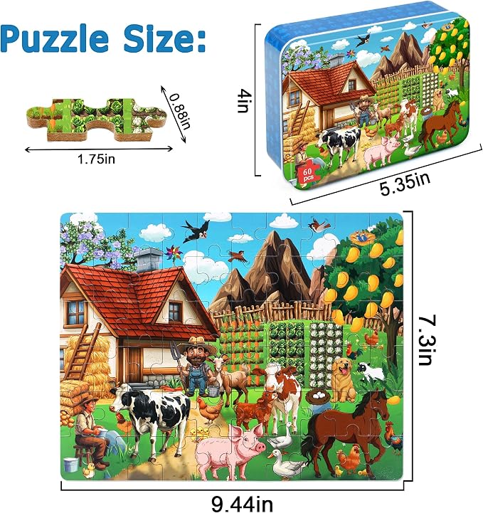 LELEMON Puzzles for Kids Ages 4-6,60 Piece Puzzles for Kids in a Metal Box | Farm Educational Jigsaw Puzzles Kids Puzzles,Childrens Puzzle Games Puzzle Toys for Girls and Boys