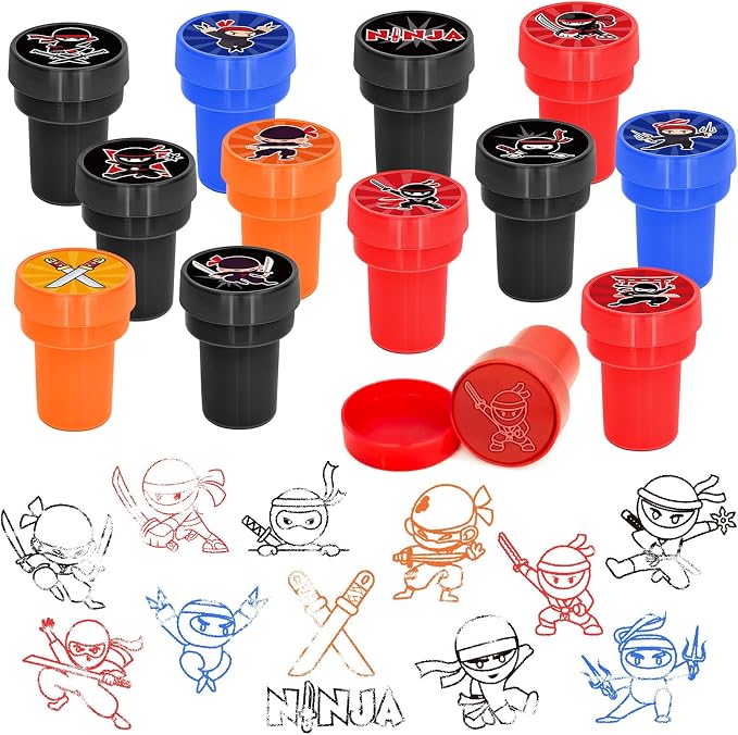 Cinrobiye 24 Pcs Ninja Stampers Party Favor Set, Cute Ninja Warrior Stamps for Kids Birthday Party, Classroom Rewards, Goody Bag Fillers, Martial Arts Themed Party Supplies