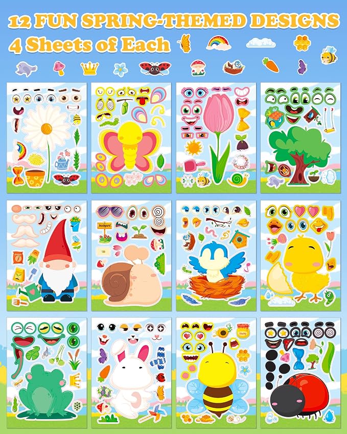 Aowplc Spring Make-a-Face Stickers for Kids 48 Sheets Mix 'n Match Cute Spring Crafts & Party Favors