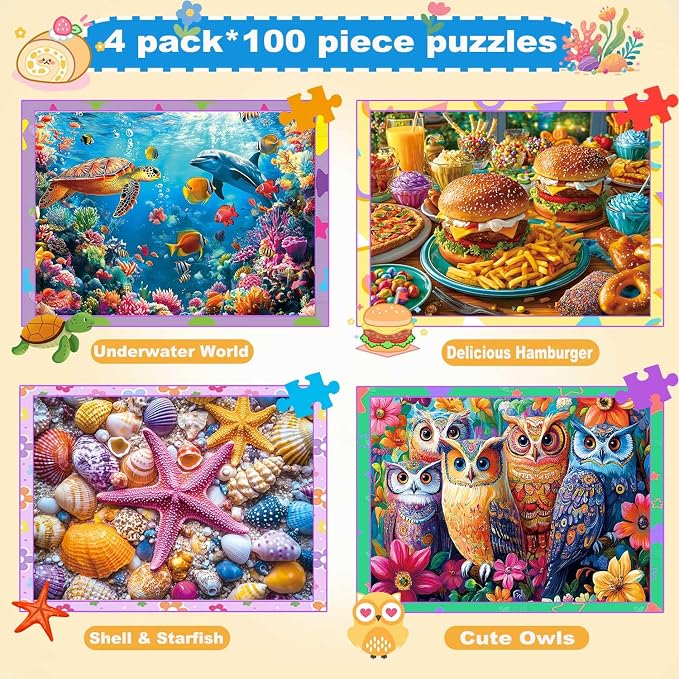 4 Packs 100 Piece Puzzles for Kids Ages 4-6, Jigsaw Puzzles for Kids Ages 6-8 8-10 Sea World, Owls, Hamburger, Starfish Learning Educational Toys for Boys and Girls