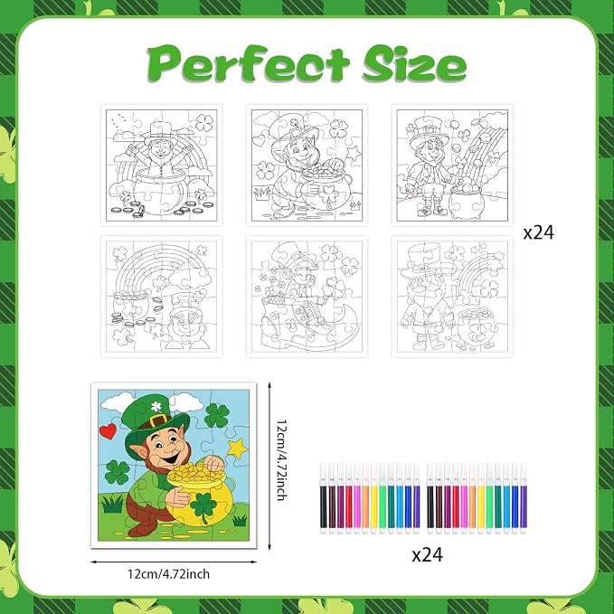 Fennoral 24 Pack St Patrick's Day Craft Kit for Kids Color You Own St Patrick's Day Jigsaw Puzzle DIY Coloring Art and Craft for Irish Classroom Art Activity Patrick's Party Favor Supplies