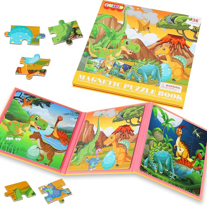 Magnetic Puzzles for Kids Ages 4-6, 20-Piece Travel Toys Dinosaur PreschoolerPuzzles, Educational Learning Magnets, Ideal Road Trip Activities Toys for 3 4 5 6 Boys and Girls