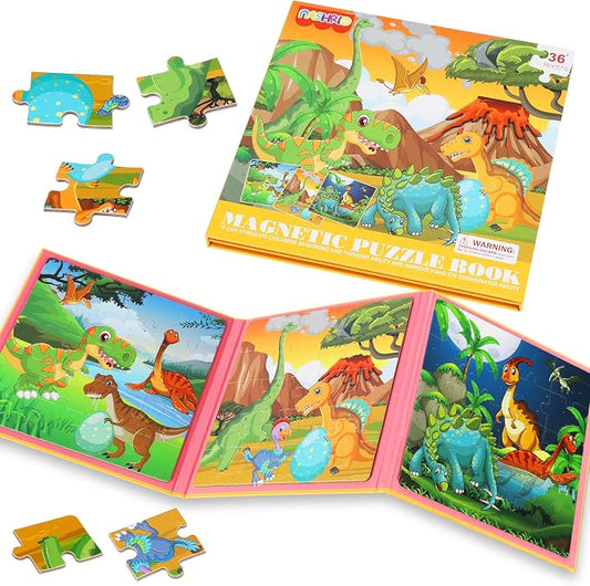 Magnetic Puzzles for Kids Ages 4-6, 20-Piece Travel Toys Dinosaur PreschoolerPuzzles, Educational Learning Magnets, Ideal Road Trip Activities Toys for 3 4 5 6 Boys and Girls