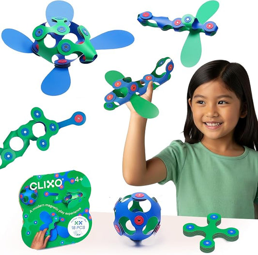 Clixo Itsy Pack, Flexible STEM Magnetic Travel Toys (18 Pc, 4+, Green/Blue) | Compact open ended toys for screen-free play. Airplane activities and kids road trip games. Easy to clean magnetic STEM sets.