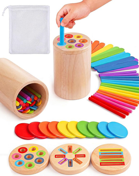 Wooden Montessori Toys for 1, 2,3 Year Old | 3 in 1 Fine Motor Skills , Learning Color Matching Sorting Sensory - Christmas, Birthdays for Toddler Boy Girls - 18 Month