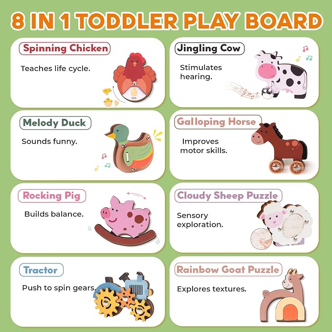 KALOTOYS Wooden Farm Animal Puzzle for Toddlers 1-3 – 8 Piece Montessori Sound & Sensory Puzzle with Textures & Spinning Tractor Gears – Fine Motor Learning Toy & Autism-Friendly Baby Gift