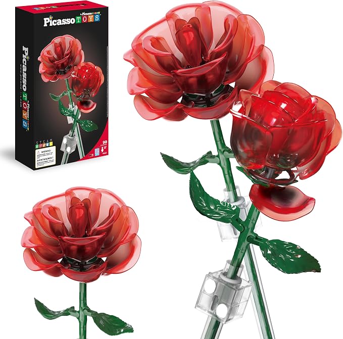 PicassoTiles Red Stem Roses Building 90pc Kit with Magnetic Hold Pieces Creative Flower Construction Toy Hands-On Play Discovery Activity Playset Kids Toys Girls Boys Ages 3+ PBS201