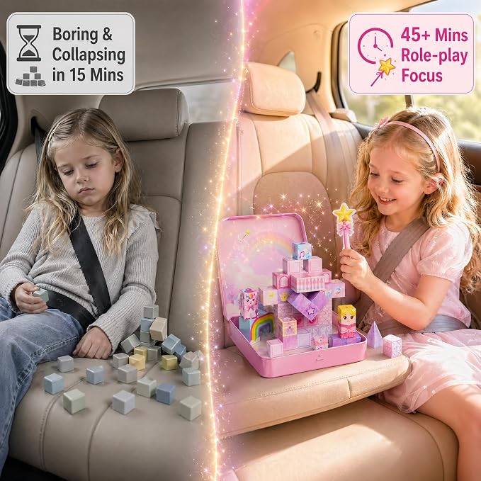 burgkidz Magnetic Blocks Girls Travel: Unicorn Patent Pending Cones & Wands | 48PCS, Ultra-Lightweight 12.5Oz, N32 Magnets 35-45dB Quiet 45s Cleanup - Airplane Car Activities Ages 3-8