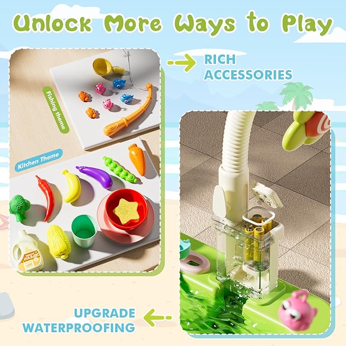 Upgraded 4-in-1 Sand Water Table for Toddlers 1-3, Kids Sensory Table with Electric Water Pump & Sun Flower Faucet, Play Kitchen Sink with Food Accessories, Fishing Toy ‒ Adjustable Height