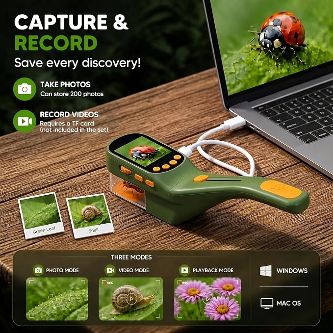 Bug Catcher for Kids with Kids Microscope, 500X Zoom Camera Toy | 9-in-1Handheld Bug Catcher Kit with 2.4" IPS Screen, Photo Video Recording, Led Lights for Outdoor Exploration STEM Toy