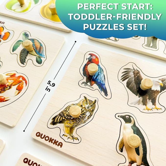 QUOKKA Wooden Puzzles for Toddlers 1-3 – 6 Pegged Puzzles for Kids Ages 2-4 – Animal and Fruits Learning Toy for Kids – Gift Realistic Educational Game for Boy and Girl