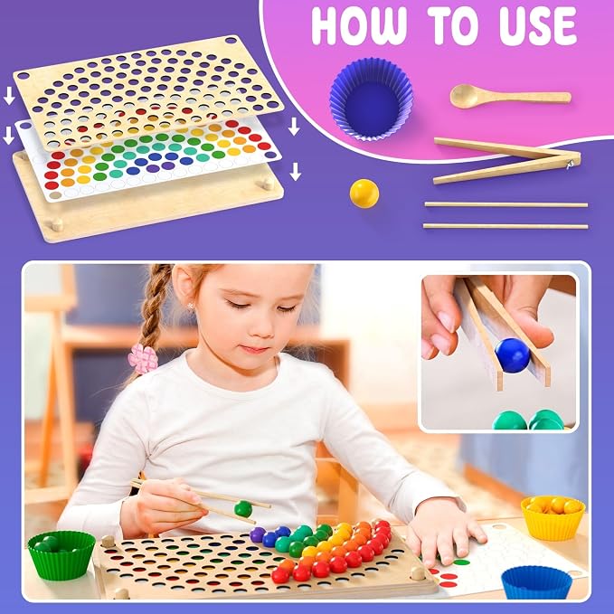Toddler Wooden Learning Montessori Toys for 3 4 5 Years Old | Preschool Educational Board Bead Game, Baby Rainbow Stacking, Matching Counting Color Sorting, Fine Motor Math Skills