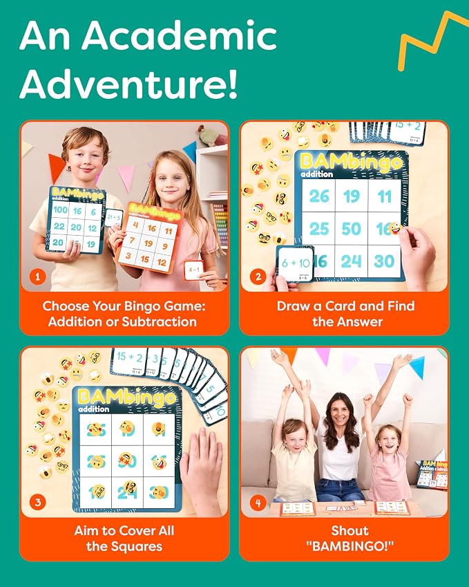 THE BAMBINO TREE Addition and Subtraction Facts Bingo Game - 1st 2nd & 3rd Grade Educational Math Learning for Classroom & Homeschool