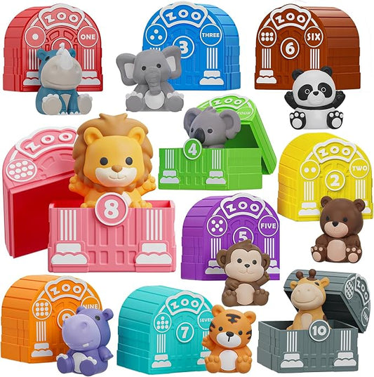 Learning Toy for Toddlers 1 2 3 Year Old, Montessori Educational Counting, Matching & Sorting Sensory Toys, 10 Safari Animals & 10 Zoos, Birthday Easter Gift for Baby Boy Girl Age 12-18 Months | 10 Zoo Animal Toys & 10 Barns, Counting, Matching & Sorti...