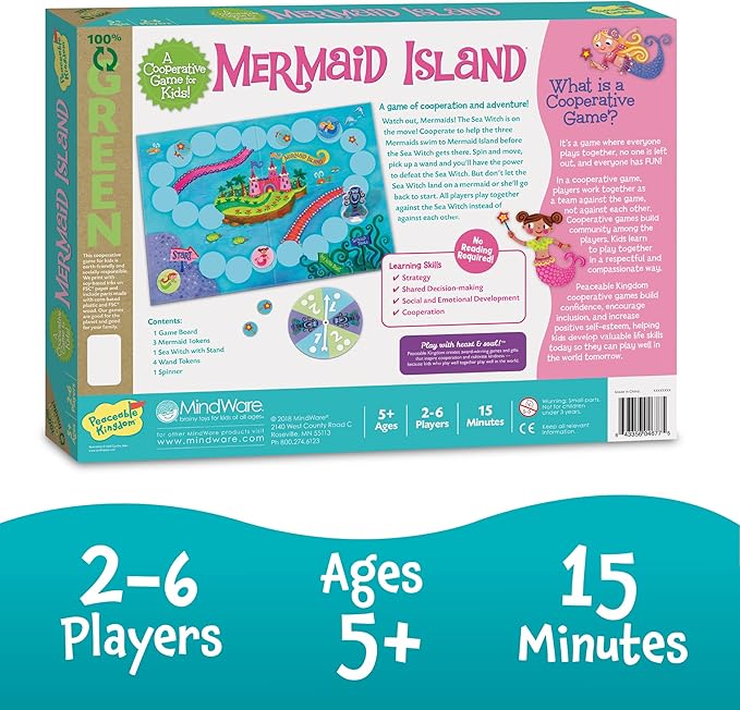 Peaceable Kingdom Mermaid Island Award Winning Cooperative Board Game for 2 to 6 Kids Ages 5+ | Award-winning cooperative game—collect the wands and free the mermaids before the sea witch wins. For 2-6 kids, ages 5+