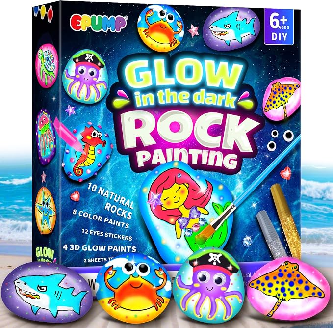 EPUMP Rock Painting Kit for Kids - Glow in The Dark Arts and Crafts Supplies Kits for Girls Boys - Kids Activities Creative Art Set Birthday Gifts DIY Paint Toys for Age 6 7 8 9 10 11 12 Years Old