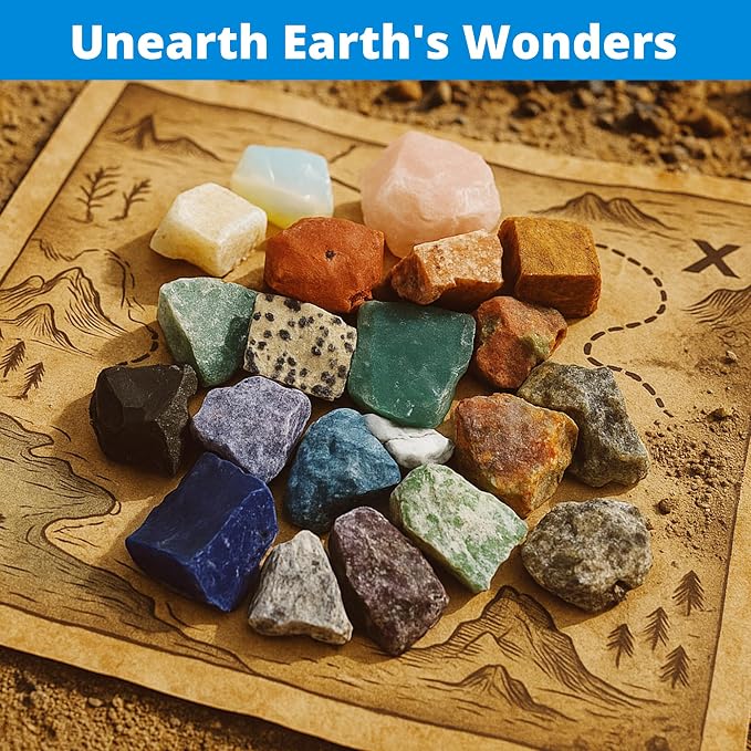 PIBEX Rock Collection Jumbo Kit, 20 Large Raw Rocks & Minerals | Approx. 1.5-2 inch Stone, Collector Box with Name Labels, Magnifier, Game Cards, Learning Book, Geology Gift for Kids Ages 6+