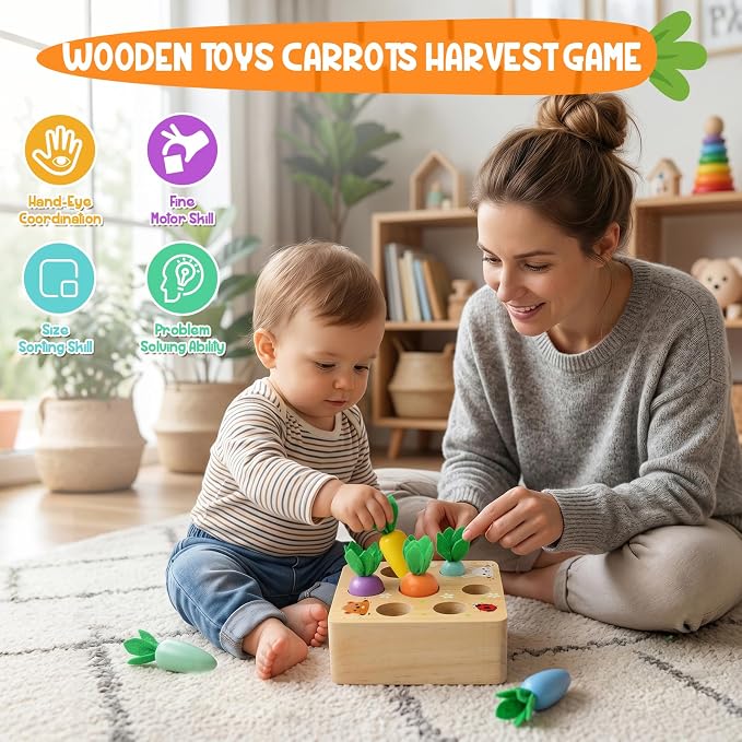 Wdmiya Montessoritoys for 1 Year Old, Developmental Wooden Toys 6-12 Months | Shape Sorting & Matching Puzzle Macaron Carrots Harvest Game, Christmas Birthday Gifts for Toddlers Babies Boys and Girls