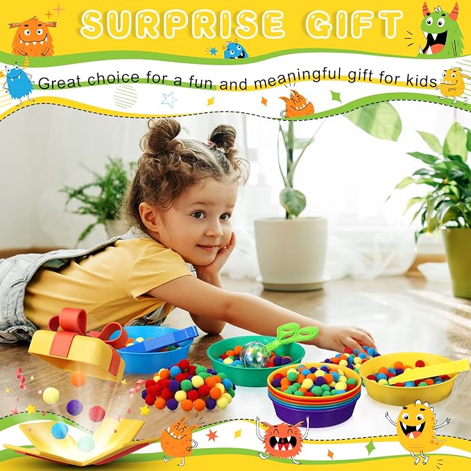 Zhanmai 142 Pcs Fine Motor Skills Toys Handy Scooper Set Sensory Bin Filler 12 Sorting Bowls 8 Tweezers 2 Scissors Clips 120 Plush Balls for Early Education and Sorting Counting Training Development