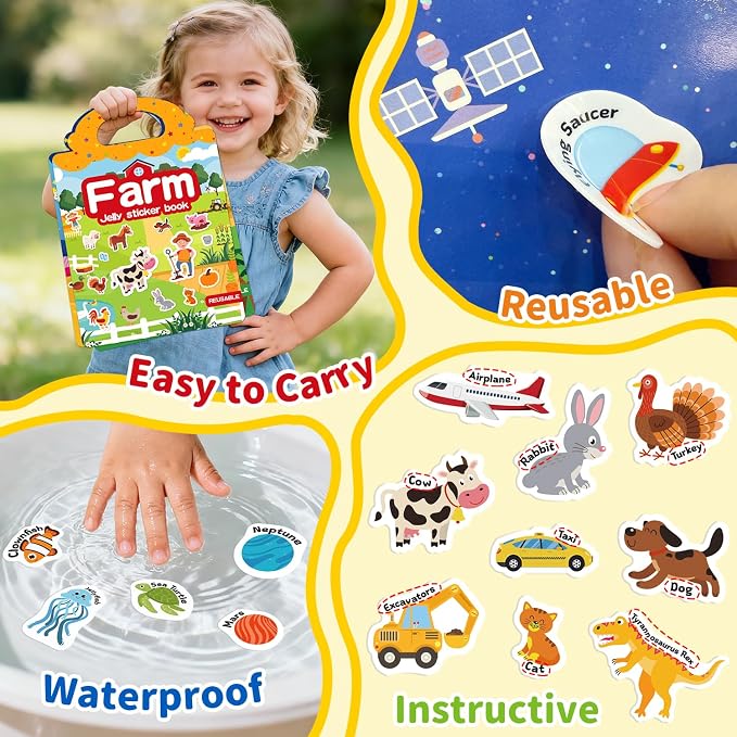 3 Sets Reusable Sticker Book for Toddlers 3-6, Jelly Sticker Books for Toddler, Travel Sticker Activity Toys for Kids 3 4 5 6 Years Old Girls & Boys（Farm + Vehicles + Animal）