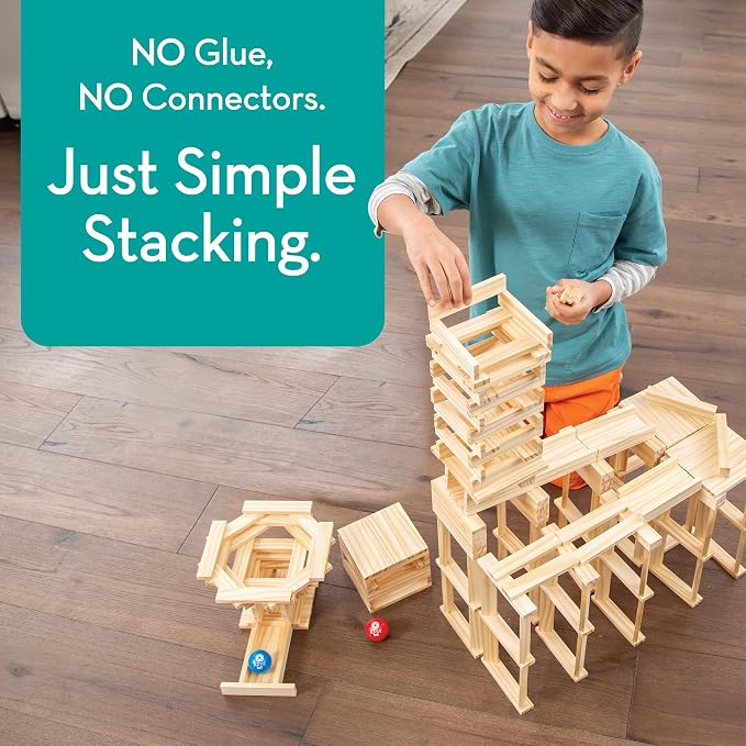 MindWare KEVA Contraptions, Wooden Blocks Building Set, Marble Run Kit, Includes 2 Balls - 200 Planks | Build and rebuild endless designs with 200 wooden planks. Includes 2 balls and 1 idea book with project photos.