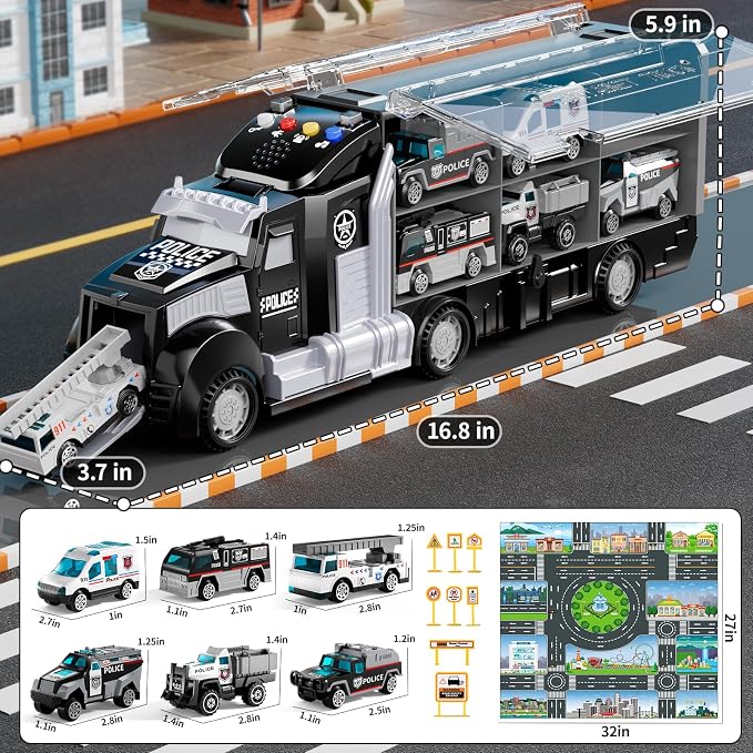 NIPLOOOW Police Trucks Toy Set with Play Mat, Carrier Truck Play Vehicles Set for 3 4 5 6 Years Old Boys Kids, Die-Cast Car Toy for Toddlers 3-4 Years, Birthday Gifts Toys for 3-9 Year Old Boys