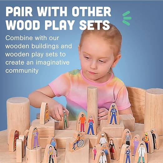 Constructive Playthings Wooden Community Helpers, Set of 25 | 25-Piece Wood Block Play Figurine Set, Freestanding Inclusive and Diverse Wood Toy Figures for Kids Ages 3+