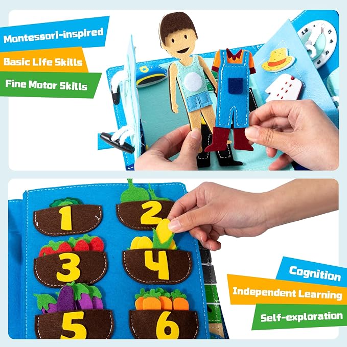 Adena Montessori Busy Board Sensory Toy, 3+ | 15+ activities: zippers, buckles, laces, shapes. Boosts fine motor & problem-solving. Travel-friendly for car/plane. Gift.