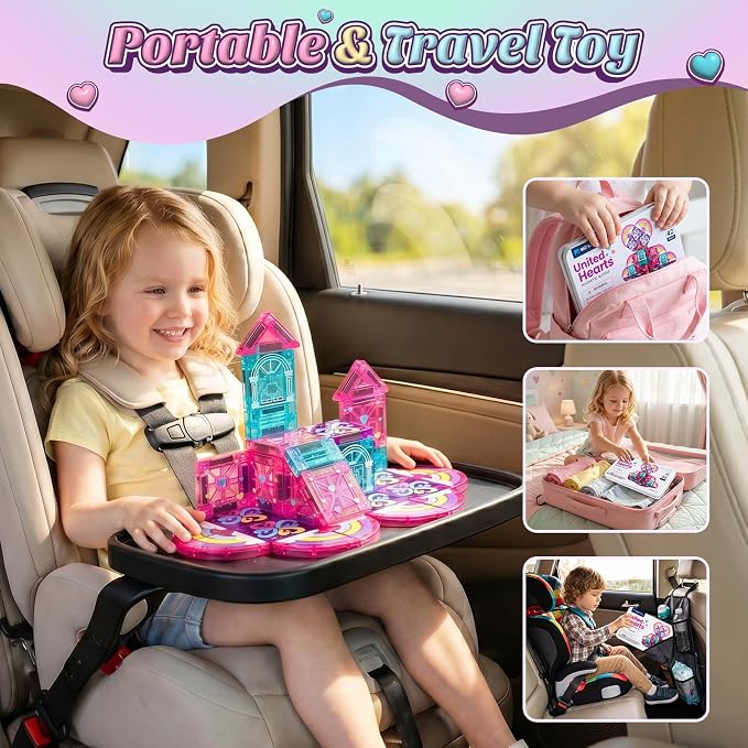 42PCS Mini Magnetic Tiles Toddler Travel Toys for Girls 3-5 Year Old Gifts | Heart & Rainbow Theme, Portable Metal Case, Kids Travel Essentials for Airplane, Car & Road Trip, STEM Preschool Learning Toy
