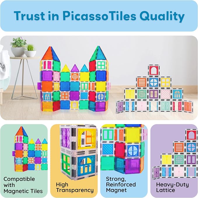 PicassoTiles 40pcs Magnetic Tiles Clip-in Window and Door Expansion Set, Magnetic Block Add-ons, Magnet Building Construction Toys, STEM Education Learning Block for Toddler Boys and Girls 3+ PTW40