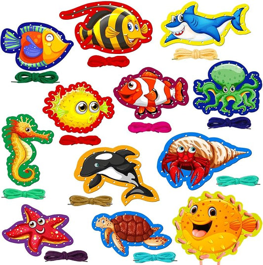 12 Pcs Lacing Cards for Kids, Sea Animals Sewing Cards with 12 Colorful Laces, Thicken Double Sided Lacing Playing Games for Children Developing Imagination Education Supplies