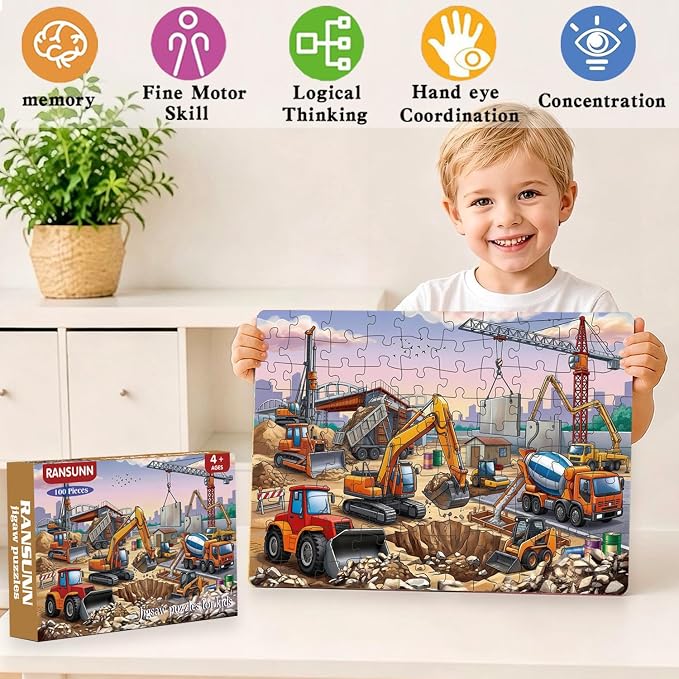100 Piece Puzzles for Kids Ages 4-6 6-8 8-10, 100 Piece Construction Site Learning Educational Jigsaw Puzzles, Vehicle Kids Puzzles Ages 5-8 Gifts for Girls Boys - Every Piece is Unique