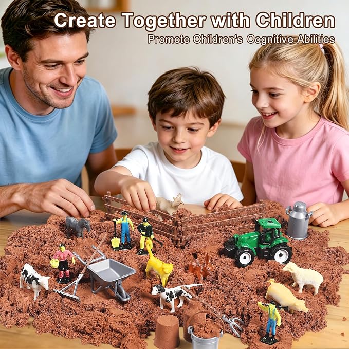 Farm Sensory Bin, 3.3lbs Magic Sand, Farm Play Sand Kit Toy for Kids | Farm Sensory Sand Kit with 8 Farm Animals, 4 Farmers, Fence, Toy Truck, Tools, Birthday Gift for Boys Girls Ages 3+