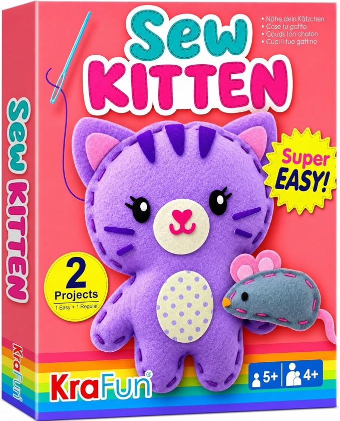 KRAFUN Beginner Sewing Kit, Sew Kitten & Mouse, Pre-Cut Felt, Kids Ages 5+ | Beginner Sewing Kit: Sew 2 Plushies, Kitten & Mouse. Pre-Cut, Pre-Punched Felt, No Scissors. Safe Plastic Needle for Kids