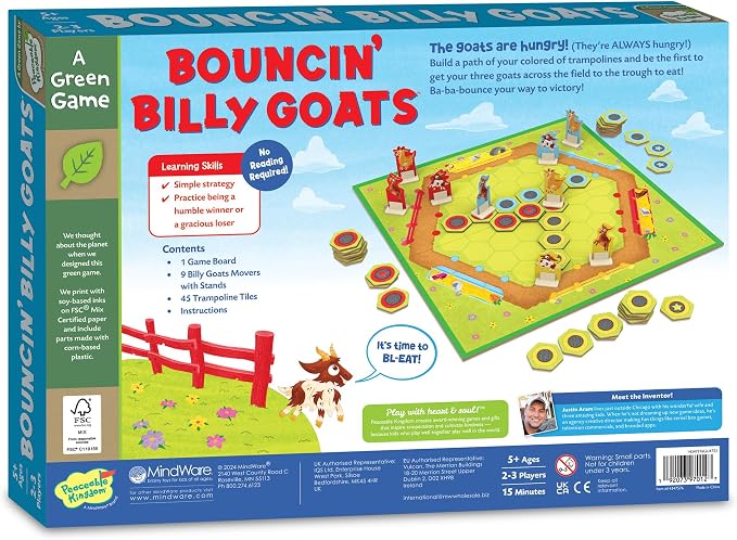 Peaceable Kingdom Bouncin’ Billy Goats Board Game | A cooperative game where players team up to win together, for 2-3 players. Ages 5+.